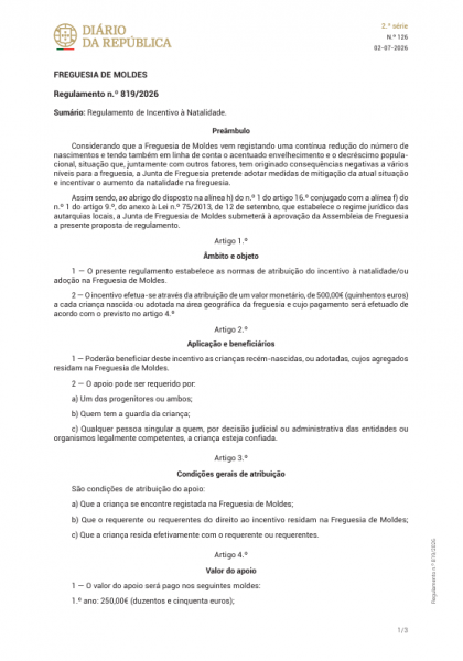 Regulamento de apoio à natalidade / adopção e formulário de candidatura